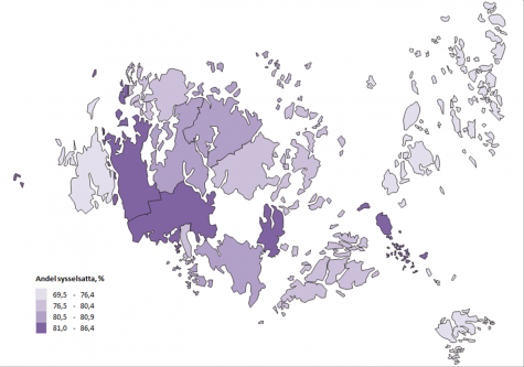 Karta som visar andelen sysselsatta i åldern 18-64 per kommun