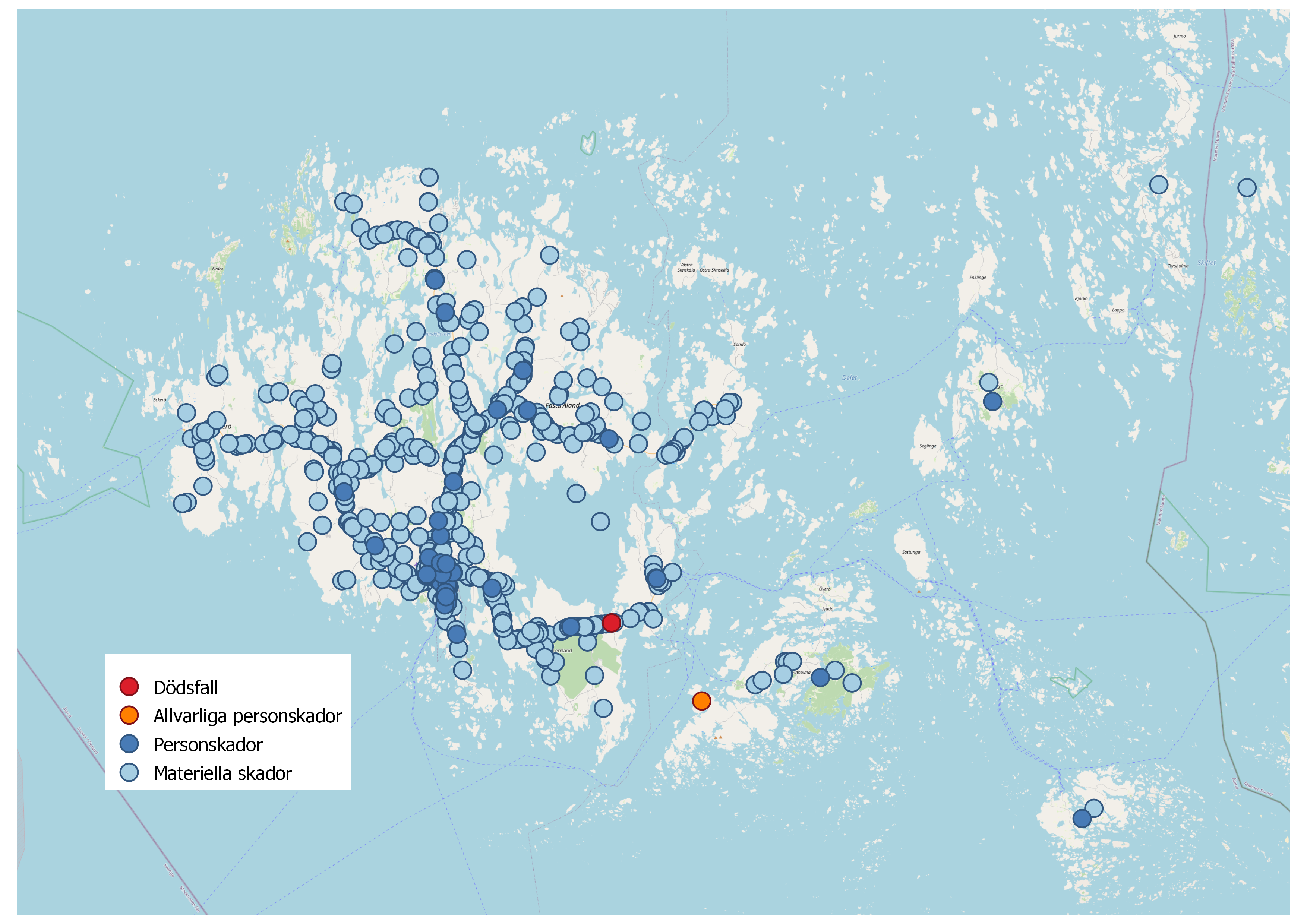 Karta som illustrerar var på Åland trafikolyckorna inträffat år 2021
