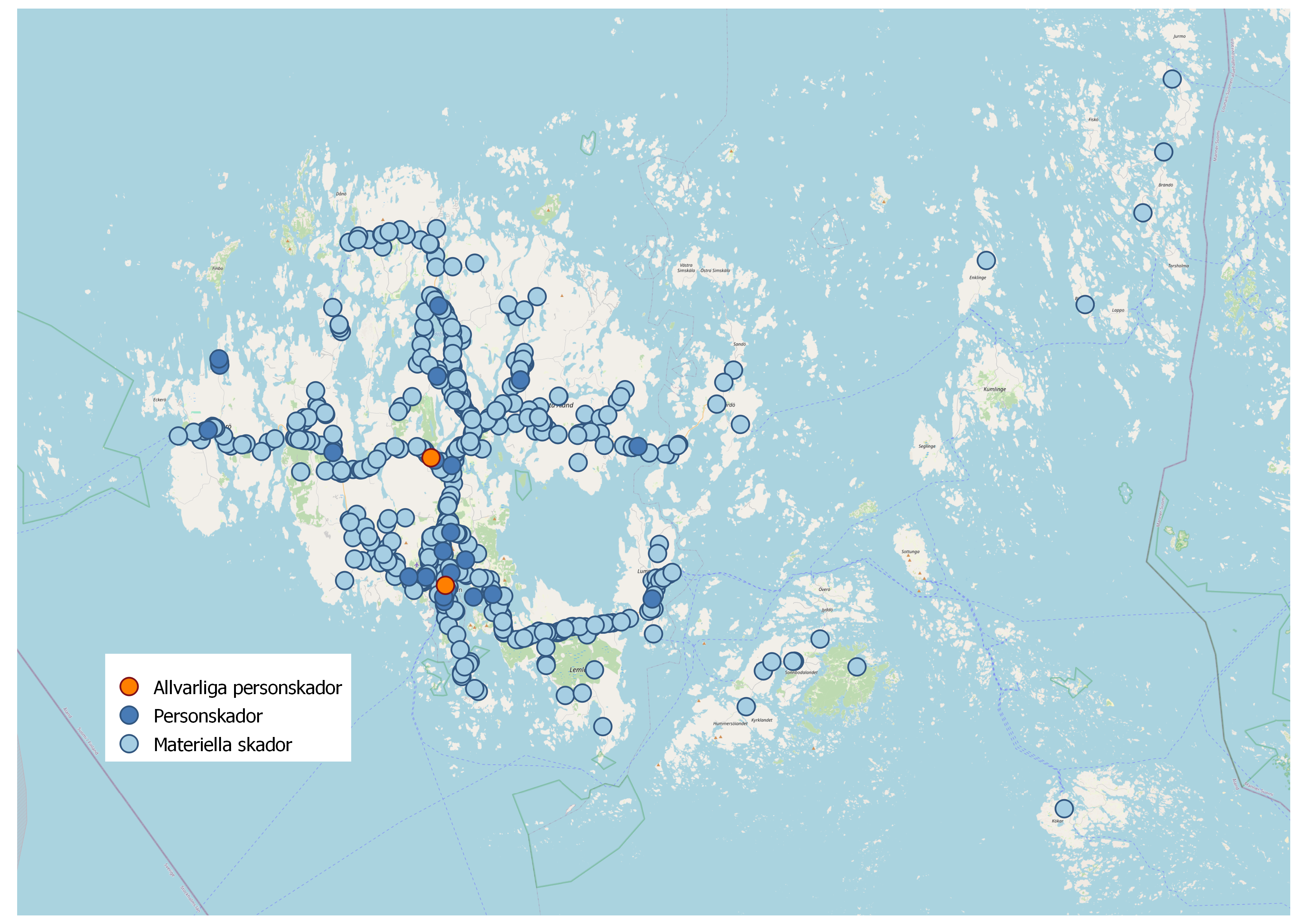 Karta som illustrerar var på Åland trafikolyckorna inträffat år 2022