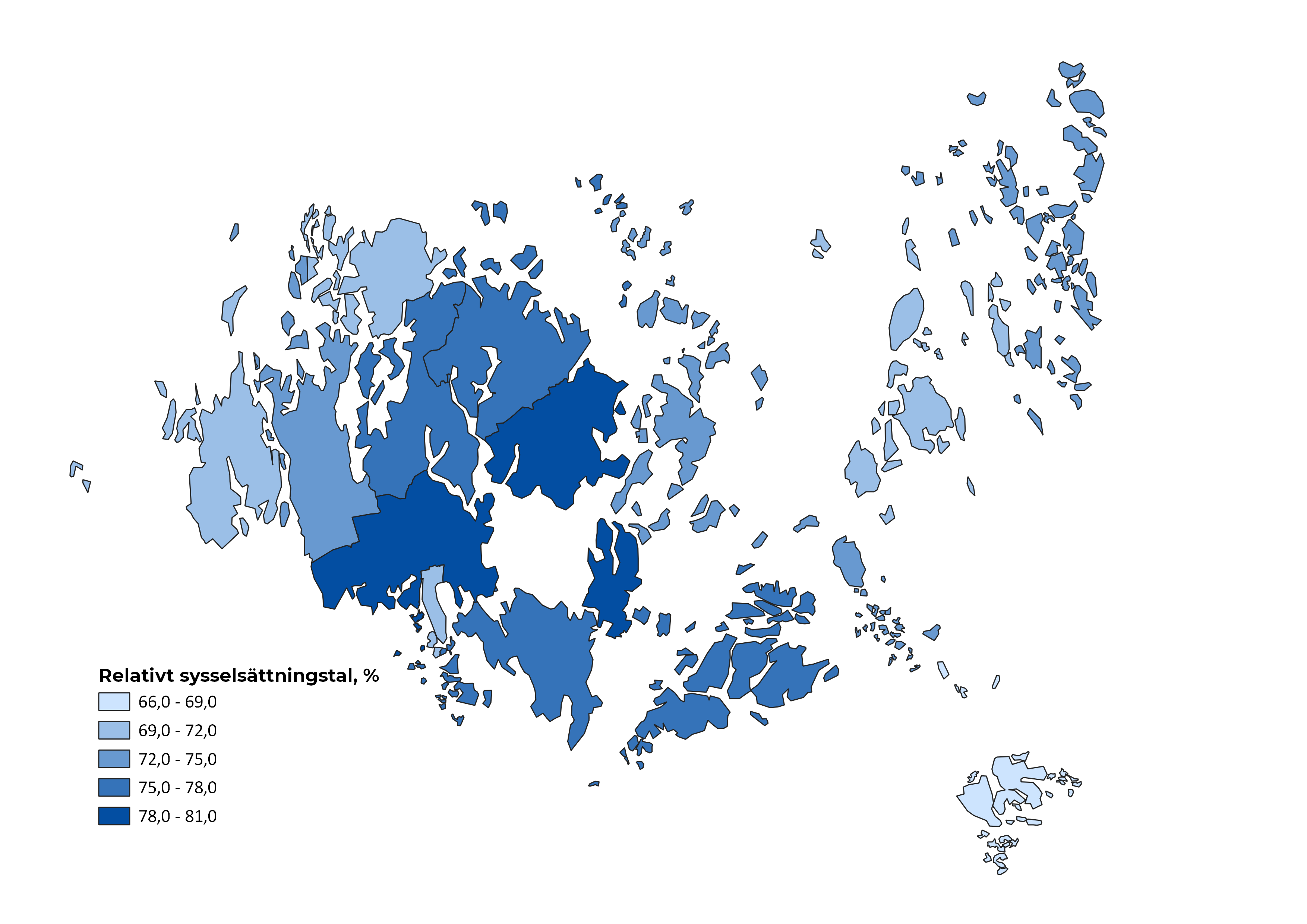 Karta som visar sysselsättningstalet för de åländska kommunerna 2020, preliminära uppgifter
