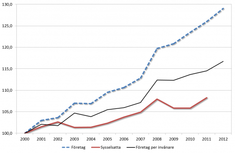 Linjediagram som visar utvecklingen av företag och sysselsatta sedan år 2000