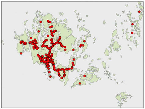 Karta som illustrerar var trafikolyckorna inträffat