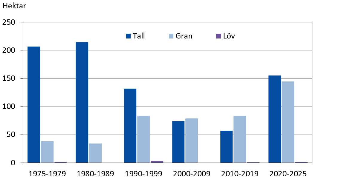 Planterad areal efter trädslag 1975-2025, årsgenomsnitt