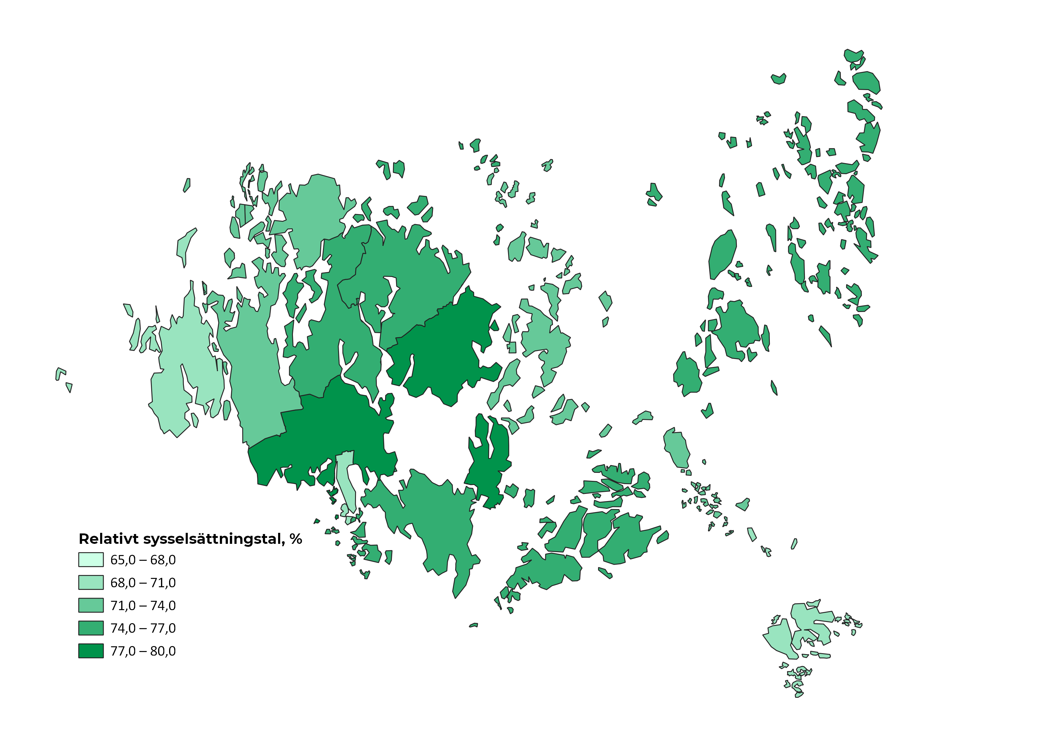 Karta över Åland som visar det relativa sysselsättningstalet fördelat på kommun