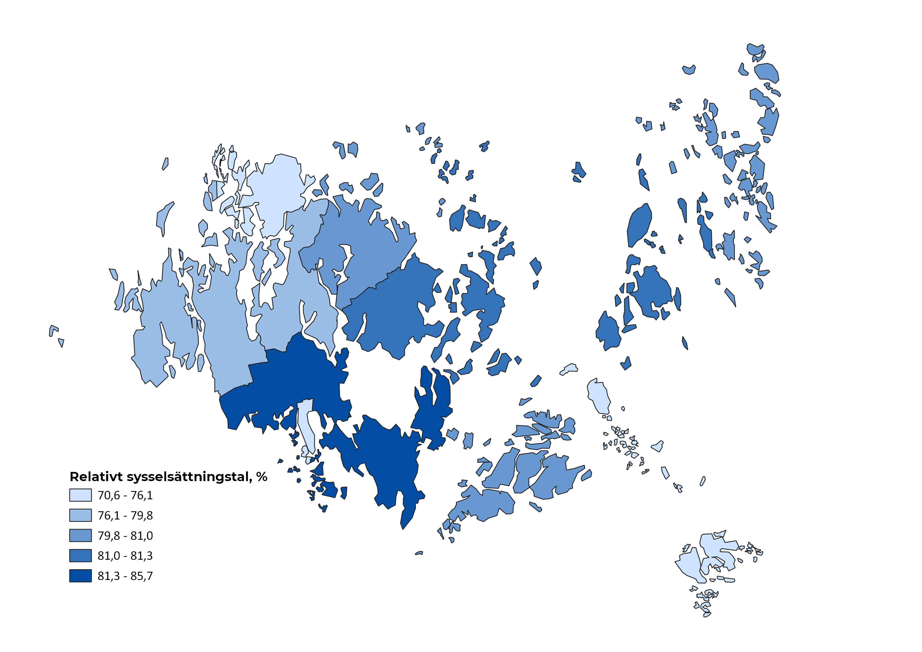 Karta som visar sysselsättningstalet för de åländska kommunerna 2021