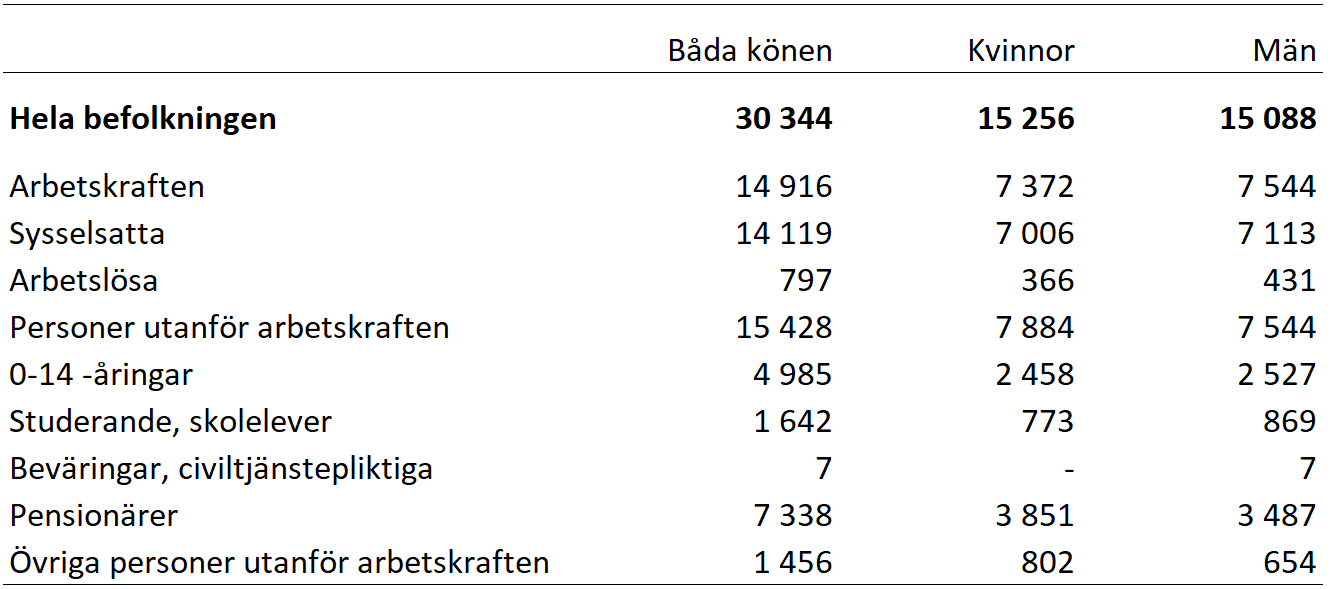 Tabell som redogör för de preliminära uppgifterna över befolkningen efter huvudsaklig verksamhet