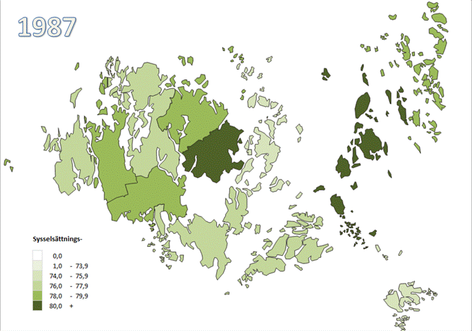 Karta som illustrerar utvecklingen av sysselsättningstalet hos de åländska kommunerna