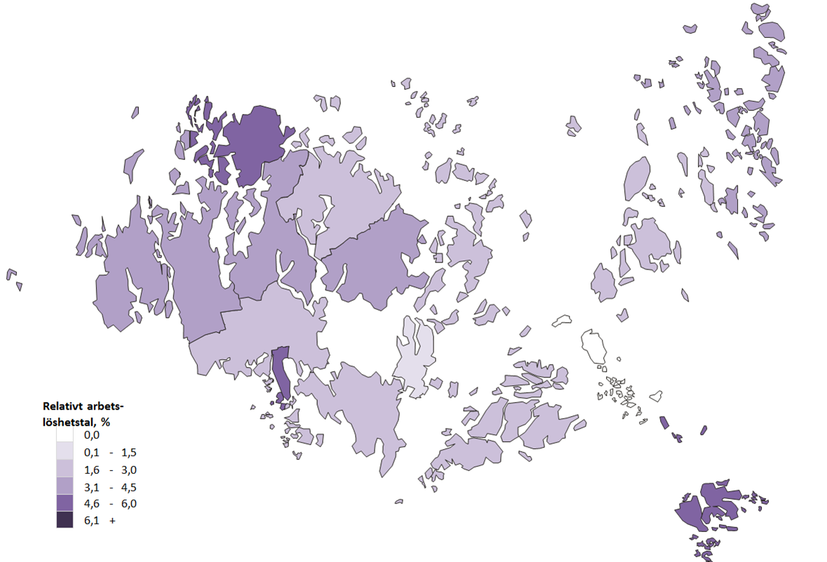 Karta som visar det relativa arbetslöshetstalet per kommun