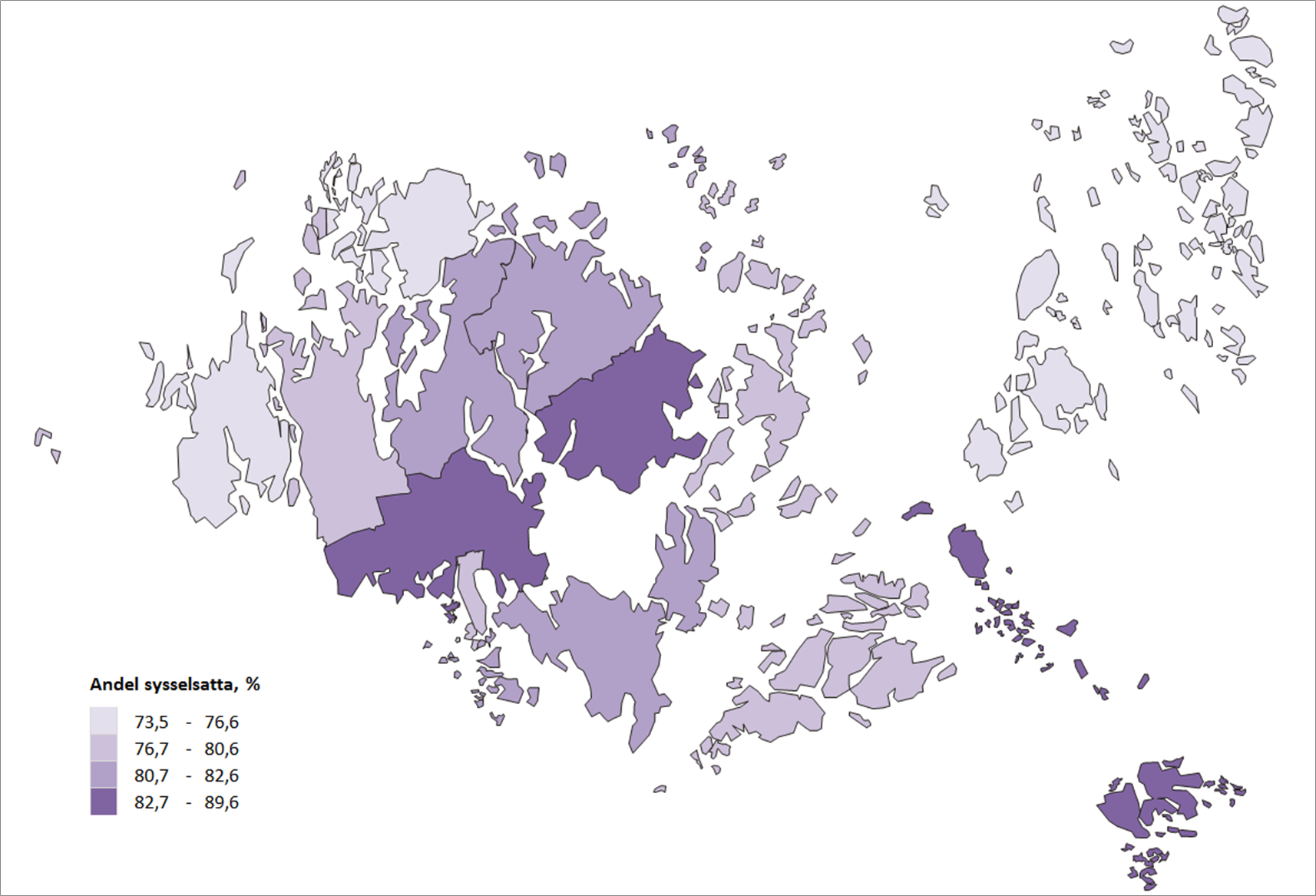 Karta som visar sysselsättningstalet för de åländska kommunerna