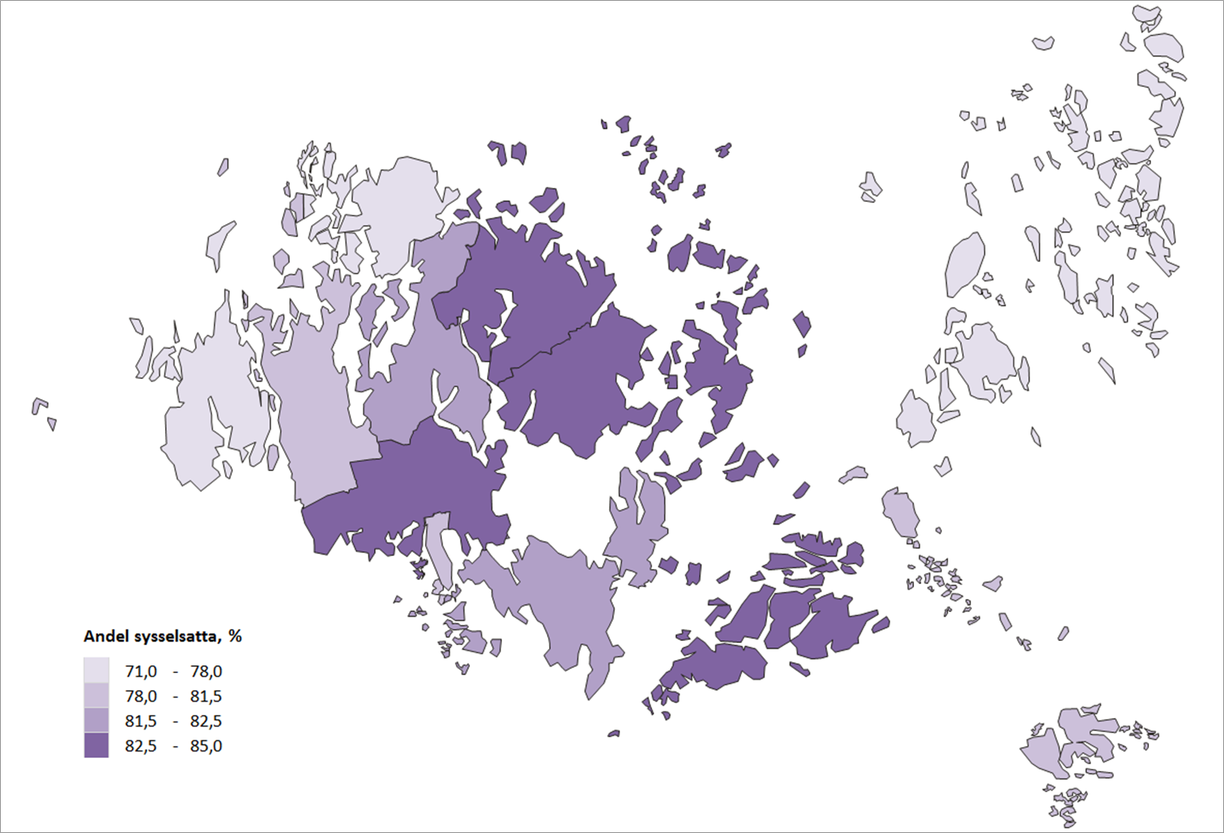 Karta som visar sysselsättningstalet för de åländska kommunerna 2017, preliminära uppgifter