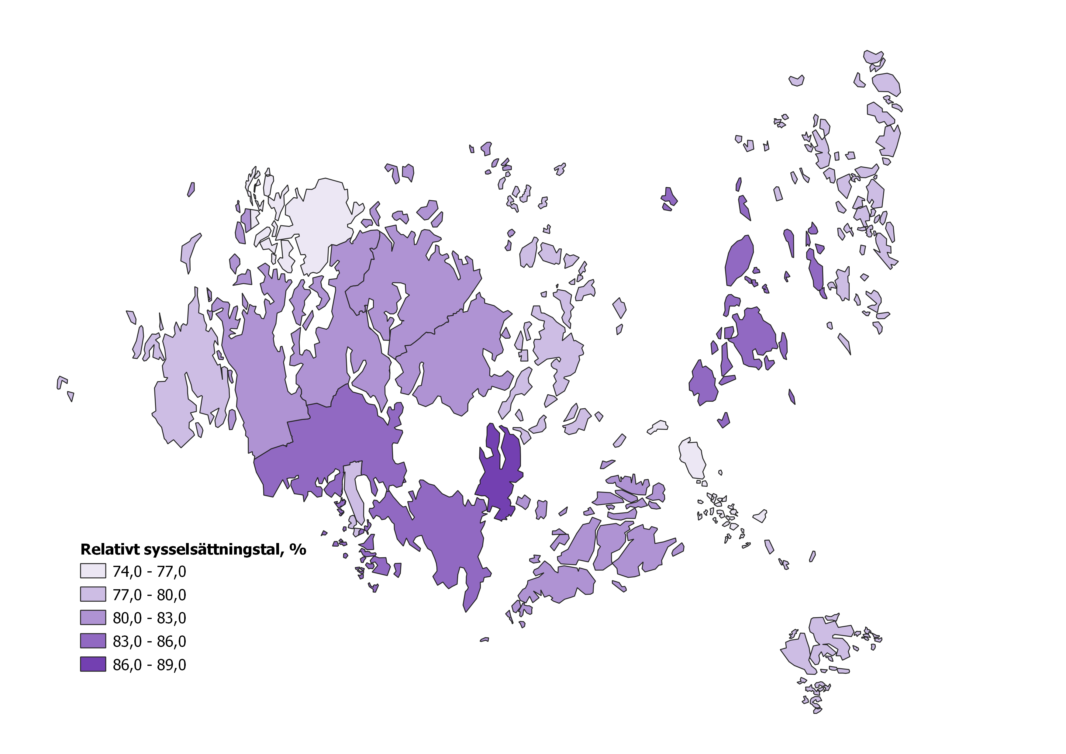 Karta över Åland som visar det relativa sysselsättningstalet fördelat på kommunerna