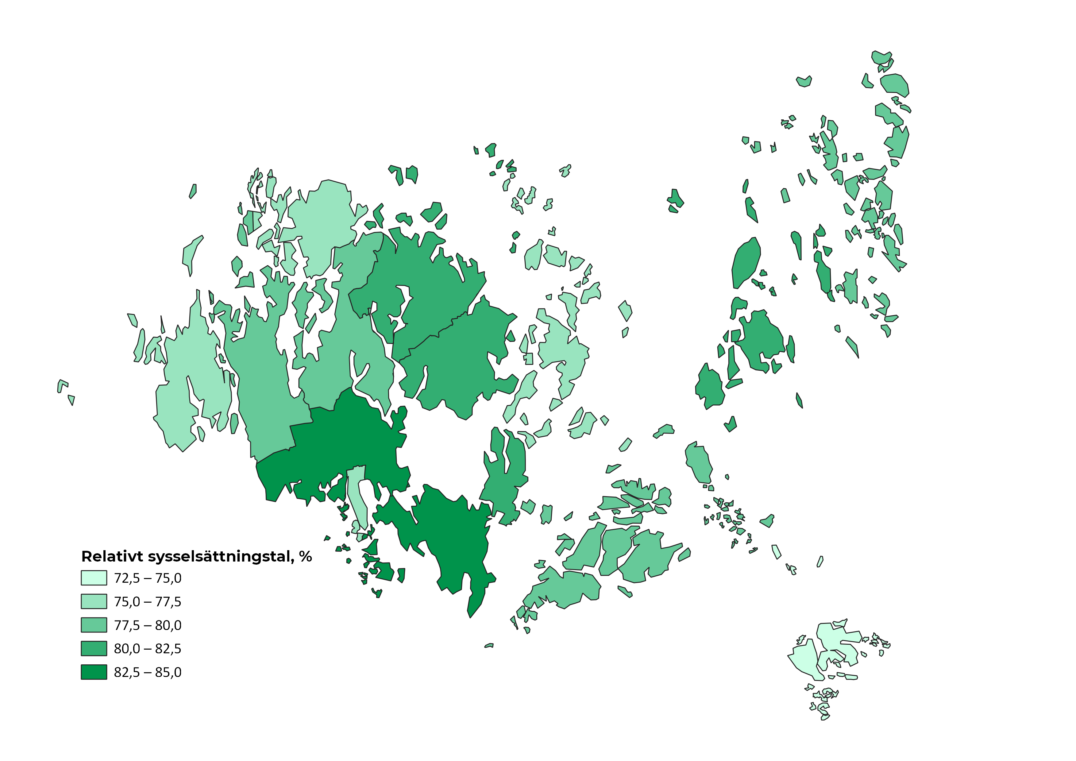 Karta över Åland som visar det relativa sysselsättningstalet fördelat på kommunerna