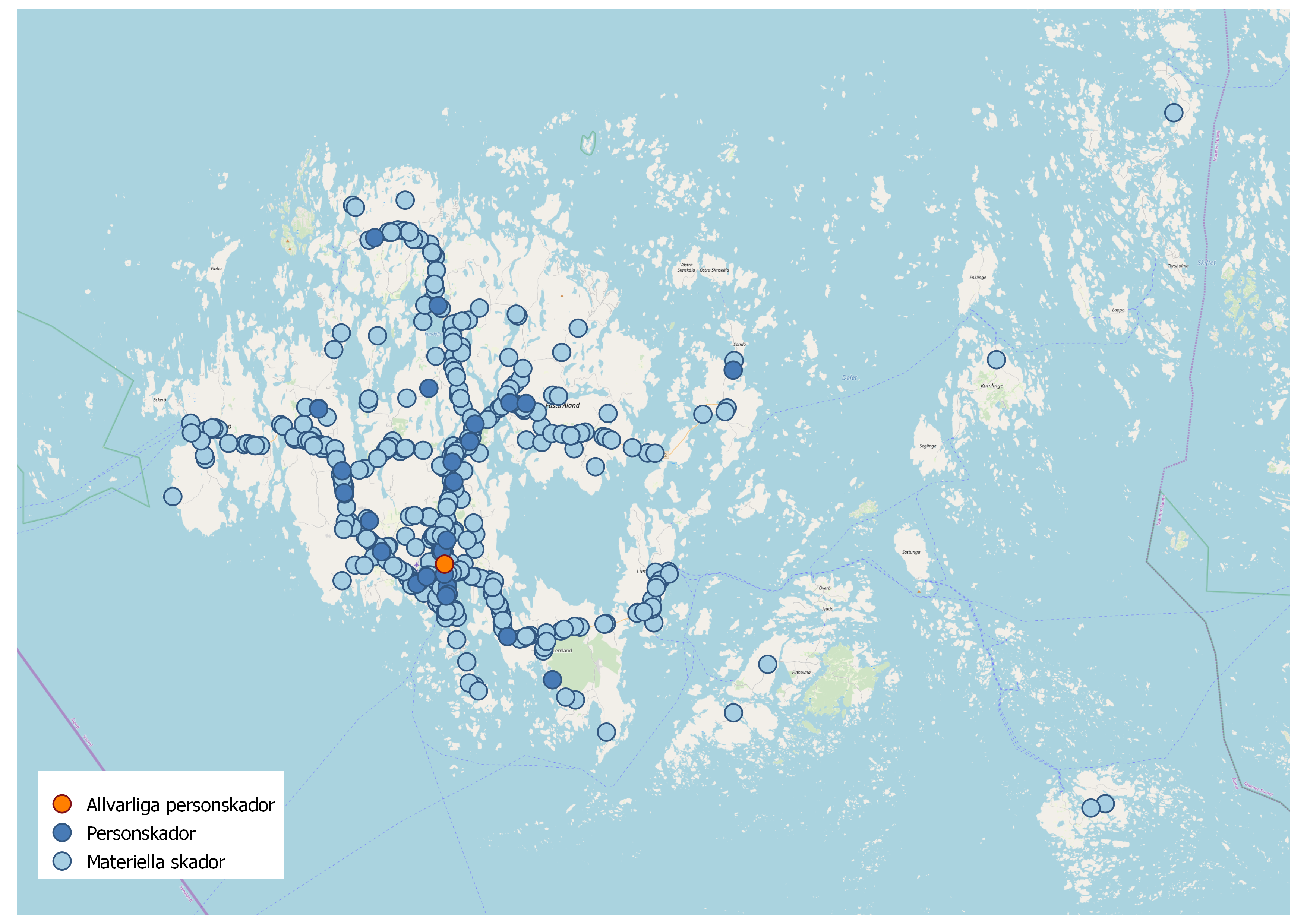 Trafikolyckor karta år 2018 Karta som illustrerar var på Åland trafikolyckorna inträffat år 2018