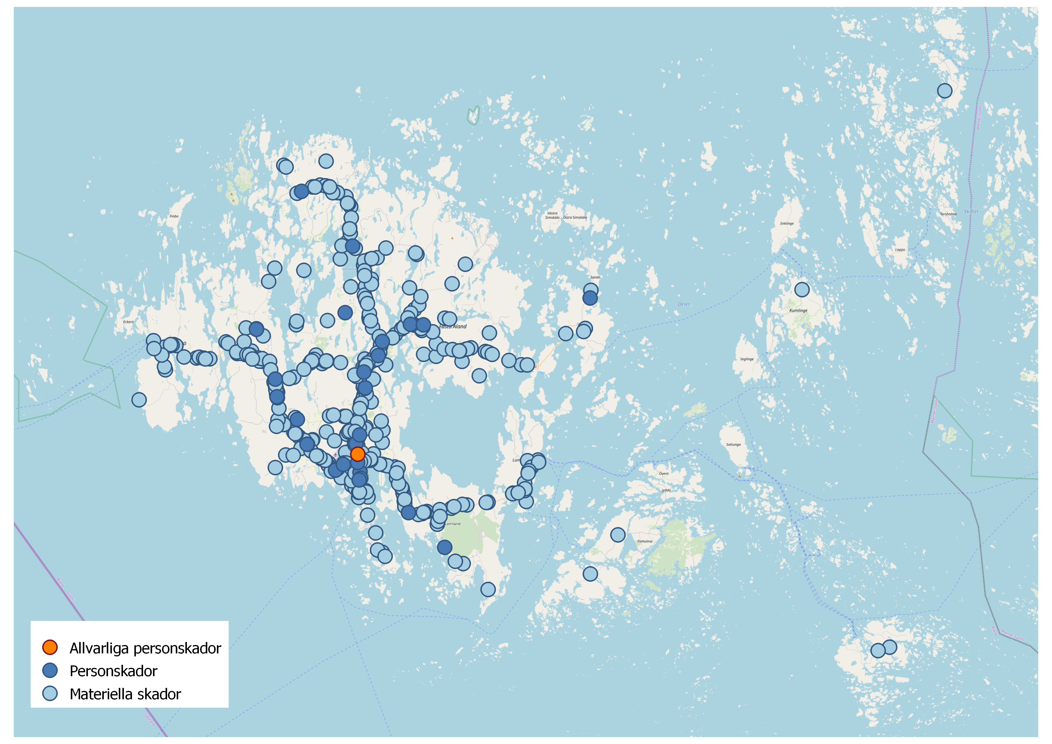 Karta som illustrerar var på Åland trafikolyckorna inträffat år 2018