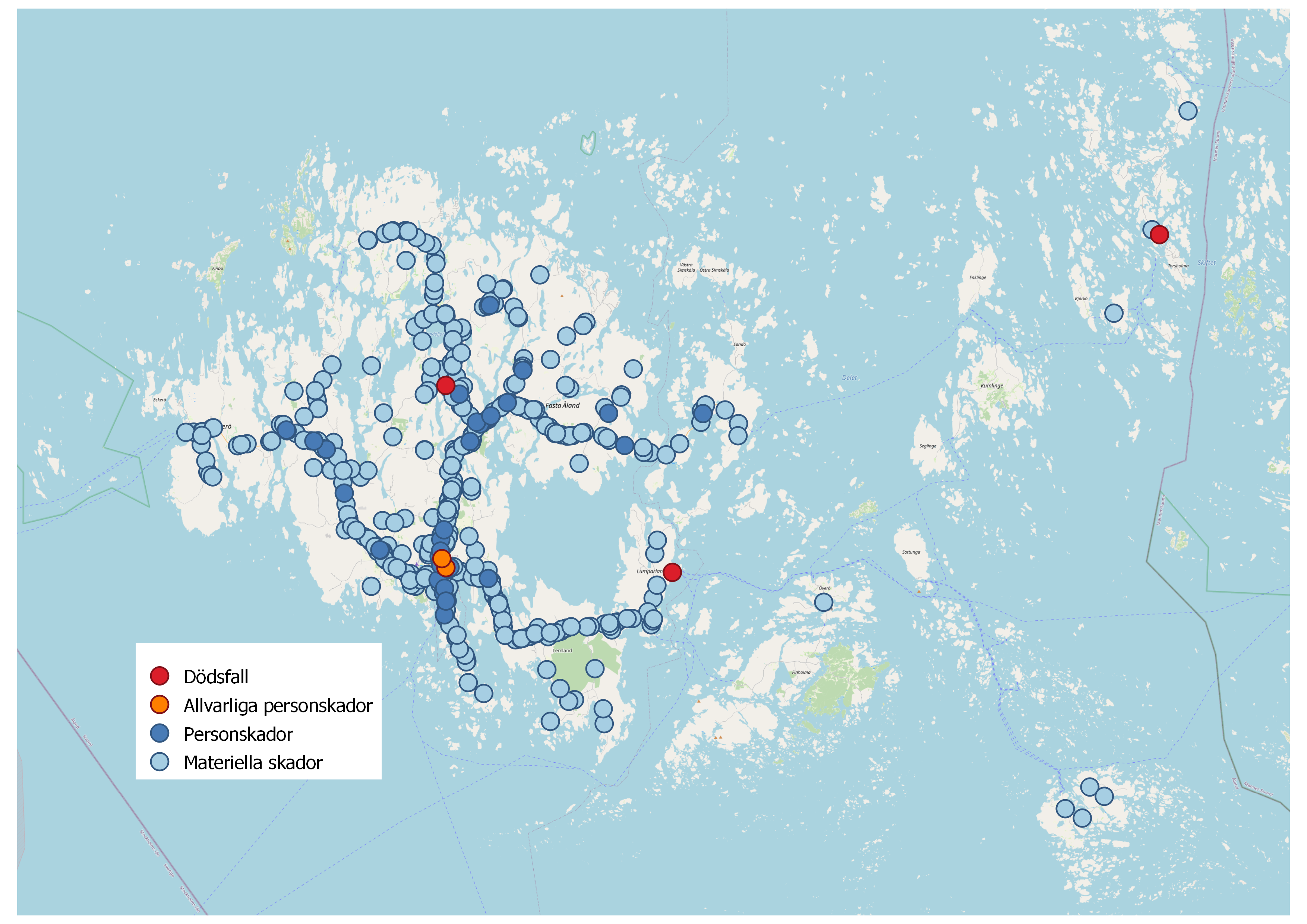 Trafikolyckor karta år 2019 Karta som illustrerar var på Åland trafikolyckorna inträffat år 2019
