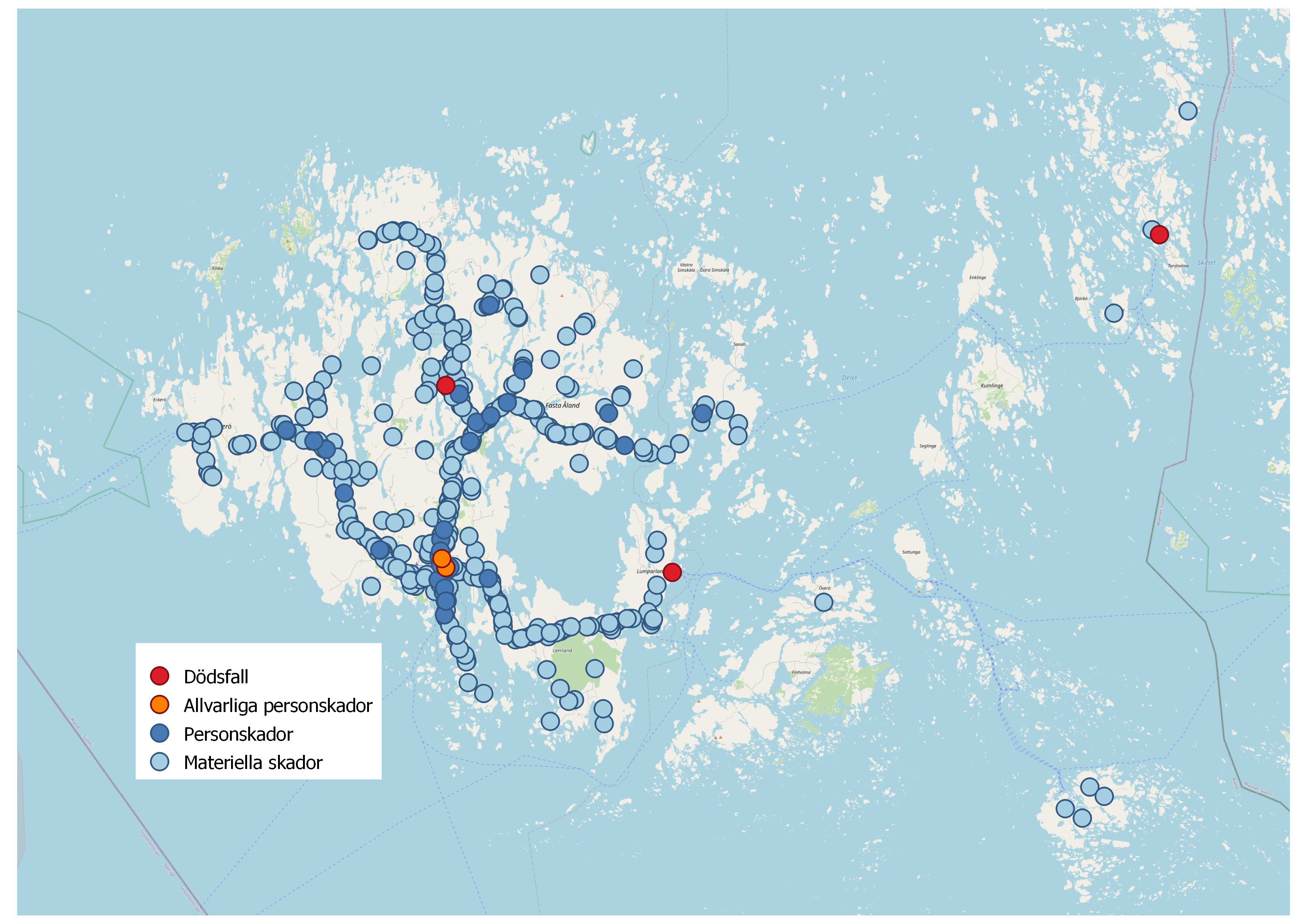 Karta som illustrerar var på Åland trafikolyckorna inträffat år 2019