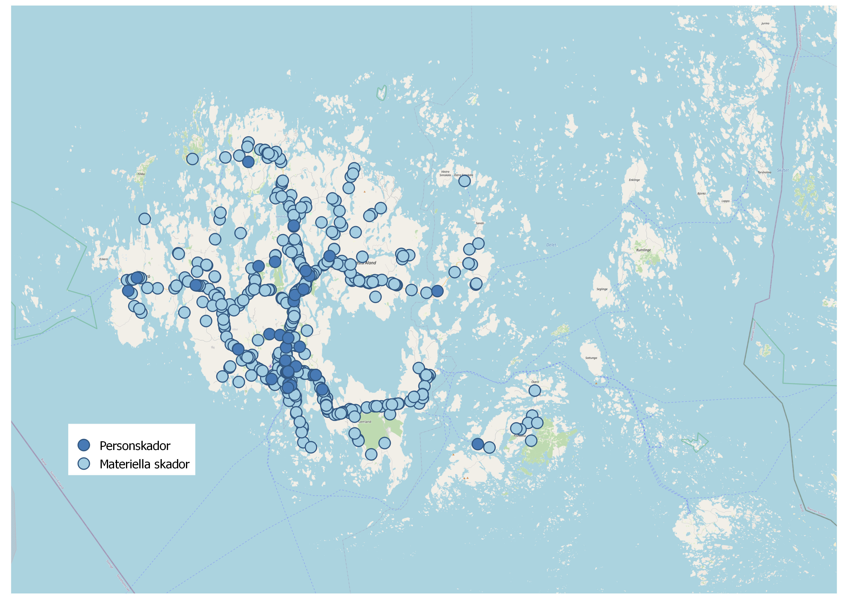 Karta som illustrerar var på Åland trafikolyckorna inträffat år 2020