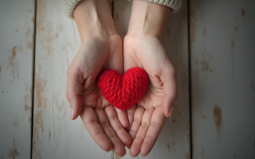 Bilden visar händer som håller i ett hjärta och leder vidare till ÅSUBs rapport om Närståendevård.